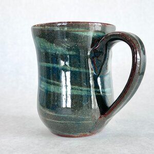 Vintage Handmade Stoneware Studio Pottery Mug Artist Signed Green and Brown
